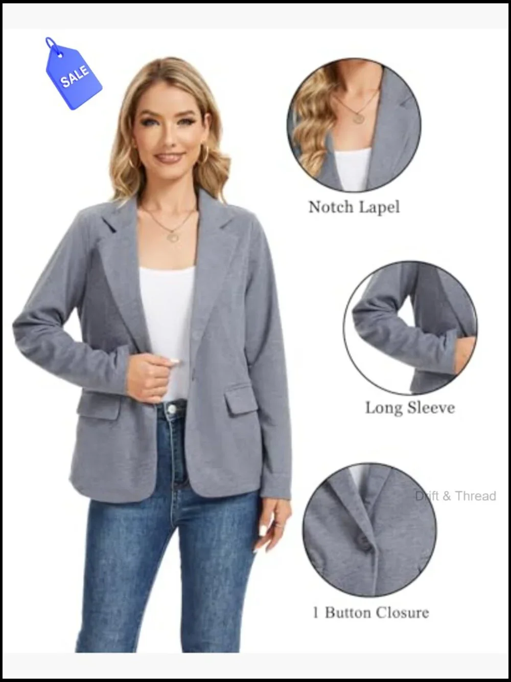 Long Sleeve Jersey Knit Blazer with Pockets, Notch Collar, Office Casual - Picture 6 of 7